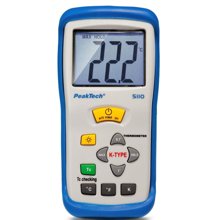 Termometru digital Peaktech, P5110, Termocuplu tip K, Afisaj LCD, Alb/Albastru