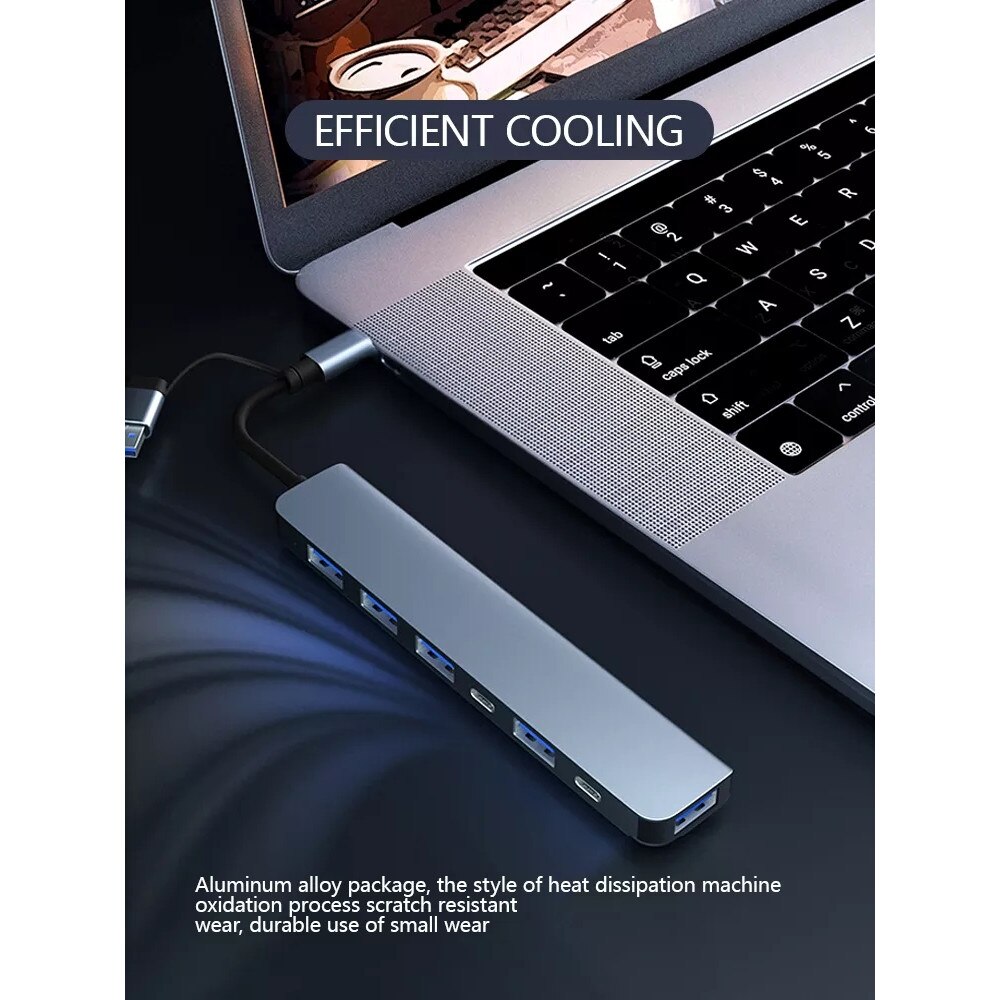 Хъб USB 8 в 1 Qeno USB 3.0./USB TYPE C, 4 USB 2.0 слота, 2 USB TYPE C ...