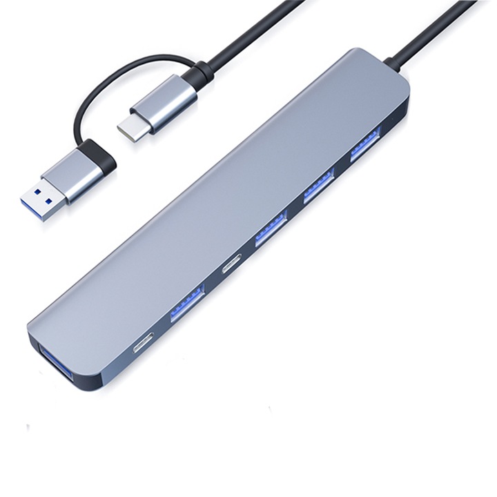 Хъб USB 8 в 1 Qeno USB 3.0./USB TYPE C, 4 USB 2.0 слота, 2 USB TYPE C слота, 1 USB 3.0 слот, многопортов адаптер със защита от свръхток, 480 Mbps, 5 Gbps, Plug And Play, Алуминий, Сив