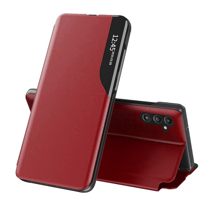 UIQ Fold Book Case за Samsung Galaxy A55 5G, екологична кожа, устойчивост на надраскване, леко повдигнати ръбове, достъп до портове, функция стойка, червен