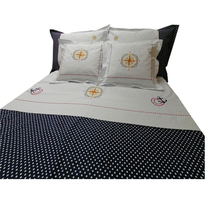 Бродиран комплект спално бельо 180 x 250 см Casa Bucuriei, модел Navy, 6 части, бяло/тъмно синьо, 100% памук, плик за завивка 160 x 220 cm