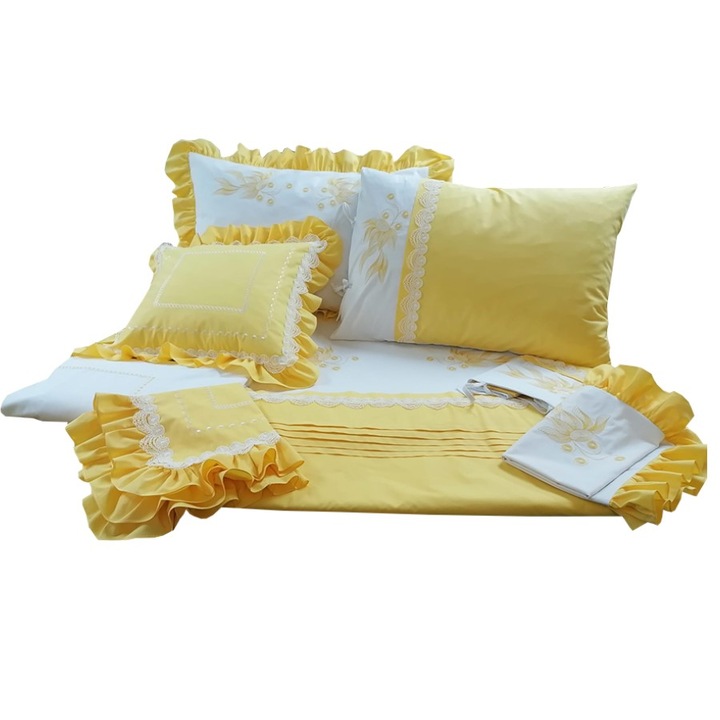Комплект спално бельо с бродерия 280 x 300 см Casa Bucuriei, модел Classic Design, 5 части, бяло/жълто, 100% ранфорс памук