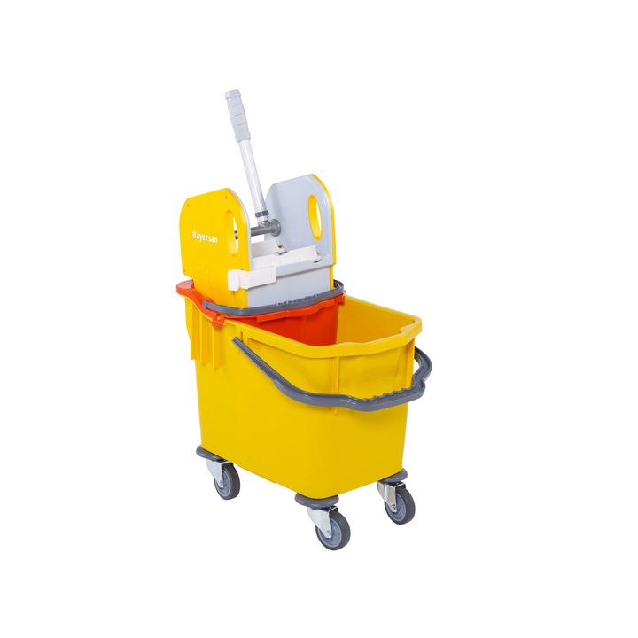 Количка за почистване Bayersan, Жълта, 2 отделения, Професионална изтисквачка, Гумени колела