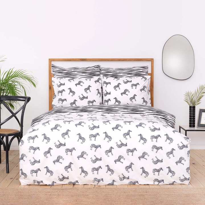 Lenjerie de pat pentru 2 persoane Sarah Anderson, Zebra, Bumbac, 3 piese, 200 cm x 220 cm, Alb/Negru