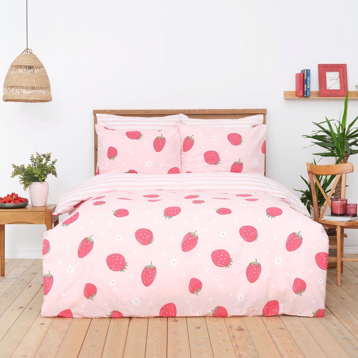 Спално бельо Sarah Anderson за 2, Ягода, Памук, 3 части, 200 см x 220 см, Розово