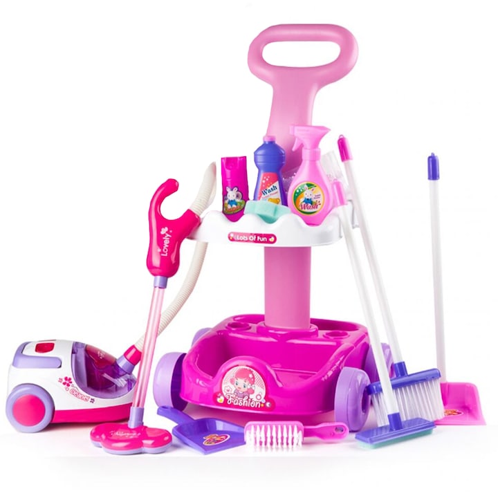 Set de curatenie complet cu aspirator functional pentru copii SOLTOY® "Magical Clean Set", multiple accesorii pentru curatenie, Roz