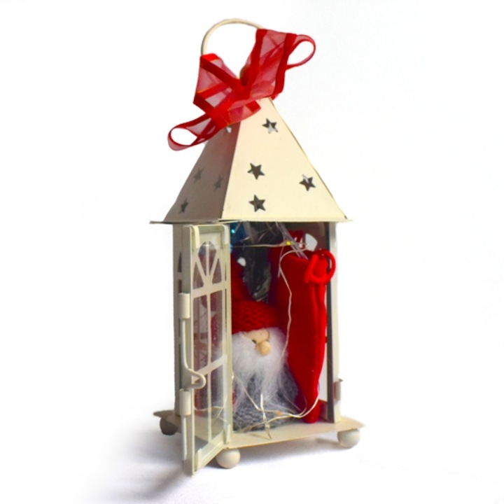 Decoratiune Craciun felinar cu mos si luminite 10/15cm