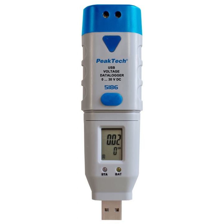 Data logger pentru tensiune Peaktech, P5186, Afisaj LCD, Alb/Albastru