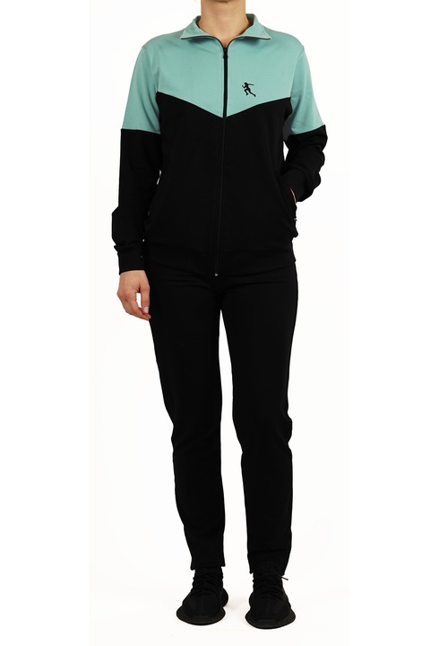 Trening Bumbac, CLANDESTINE, set 2 piese bluza fara gluga si pantalon lung clasic cu buzunare, Bumbac, Dama, Negru- Turcoaz, S