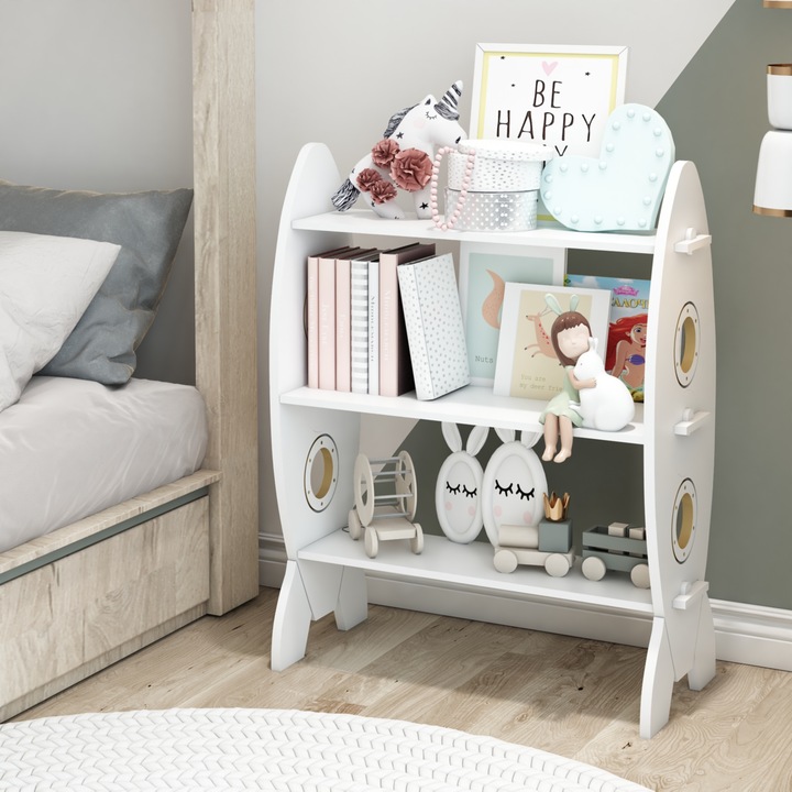 [en.casa] Könyvespolc 3 polccal design rakéta Tårnby 70 x 55 x 25 cm MDF fehér álló polc gyerekszobába