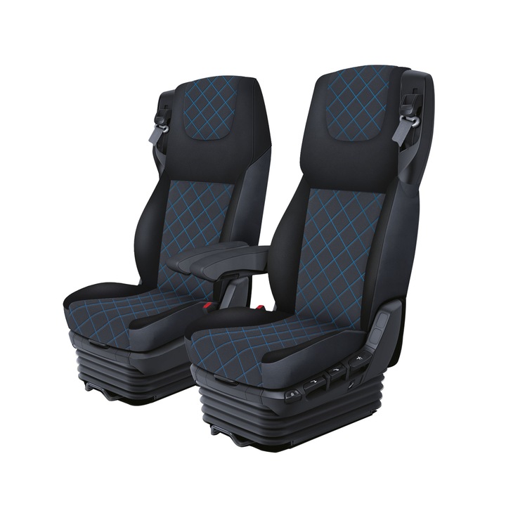 Set Huse Scaun Camion Avantgard, Lux Piele si Textil, Negru cu Cusaturi Romb Albastre, pentru DAF XF105, XF106 Euro 6, 4 piese