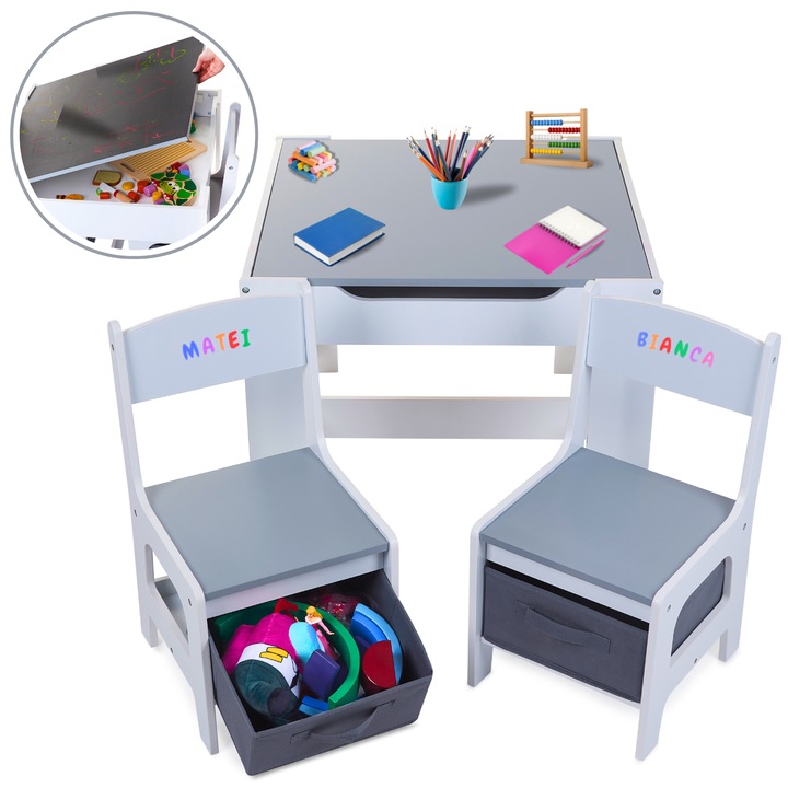 Set Masa Cu Scaune Copii, 3 In 1, Suporto, Lemn Mdf, Tabla De Scris, Desenat, Colorat, Depozitare, Varsta 3-6 Ani, Alb cu Gri, 60x60x48 cm