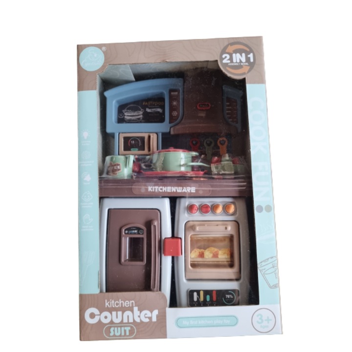 Set bucatarie 2in1 Kitchen Counter Suit Funny Cooking, muzical, lumini si accesorii, roz/bleu, 30 cm