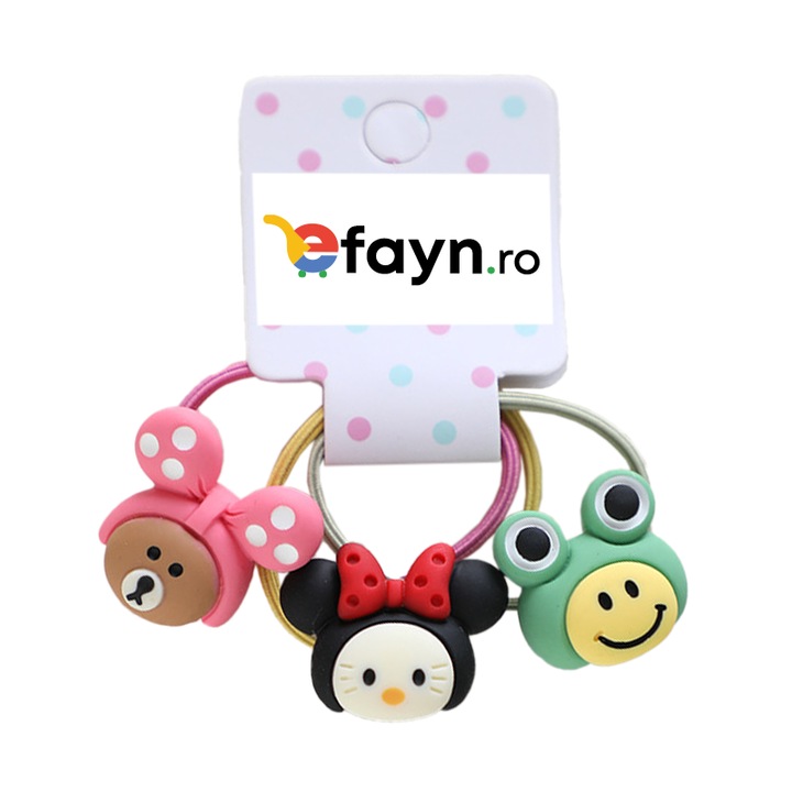 Elastic par pentru copii, set 3 bucati, model colorat, cu accesorii animalute desene, negru, EFAYN