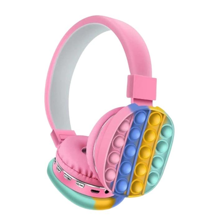 OEM Fül feletti fejhallgató gyerekeknek, Pop It Rainbow modell, vezeték nélküli, Bluetooth 5.0, rózsaszín