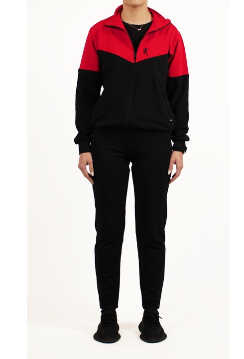 Trening Bumbac, CLANDESTINE, set 2 piese bluza fara gluga si pantalon lung clasic cu buzunare, Bumbac, Dama, Negru- Rosu, S