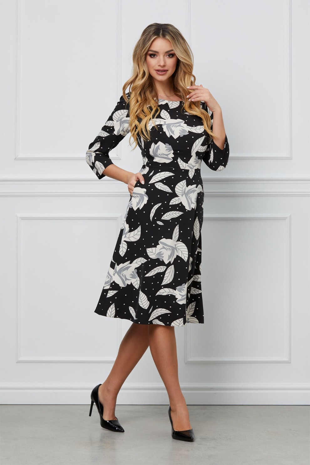 BAROCCA, Rochie cu model floral si maneci 3/4, Negru, Gri, Alb murdar, 46