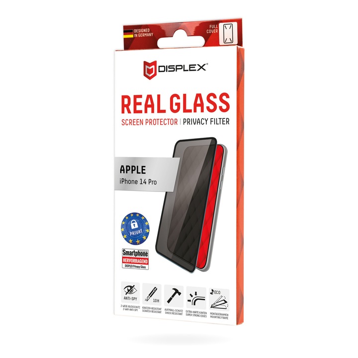 Стъклен протектор за екран Displex Full Cover Glass (3D), Филтър за поверителност, за iPhone 14 Pro
