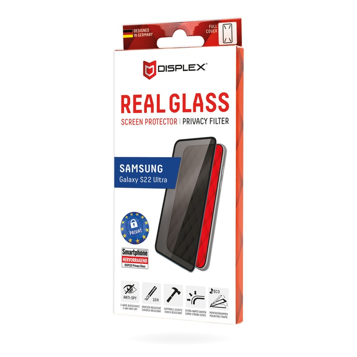 Стъклен протектор за екран Displex Full Cover Glass (3D), Филтър за поверителност, за Samsung Galaxy S22 Ultra