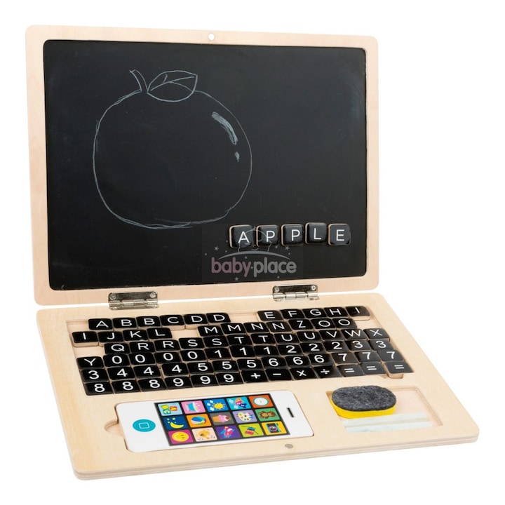 Детски дървен лаптоп Small Foot, магнитен, дървен, букви, цифри