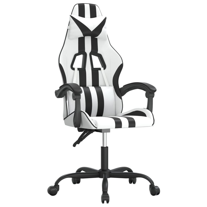 Scaun de gaming pivotant vidaXL, alb si negru, piele ecologica, 57,5 x 59,5 x 121-131 cm, 13.2 kg