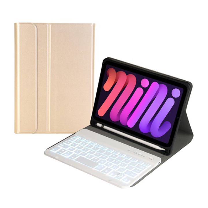 Tok álló, bőr hatású (FLIP, bluetooth billentyűzet, asztali tartó funkció, QWERTY, angol nyelvű) ARANY [Apple IPAD mini 6 (2021)]