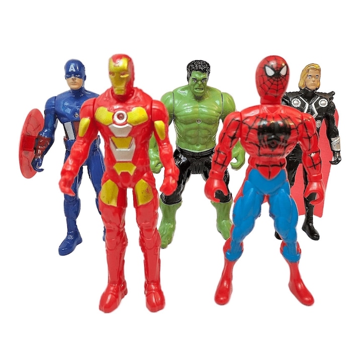 5 db Justice Hero Figurát Készlet, LED fénnyel, Amerika Kapitány, Vasember, Hulk, Thor, Pókember, 15 cm, tarka