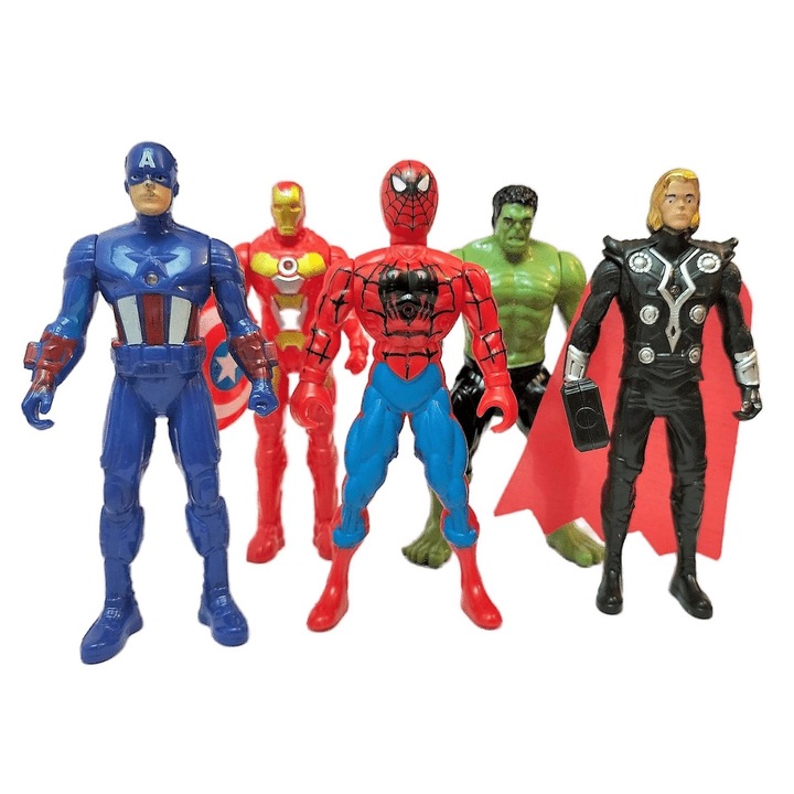 Set 5 Figurine de Jucarie Justice Hero, Captain America, Iron Man, Hulk, Thor, Spiderman, 15cm, Multicolor