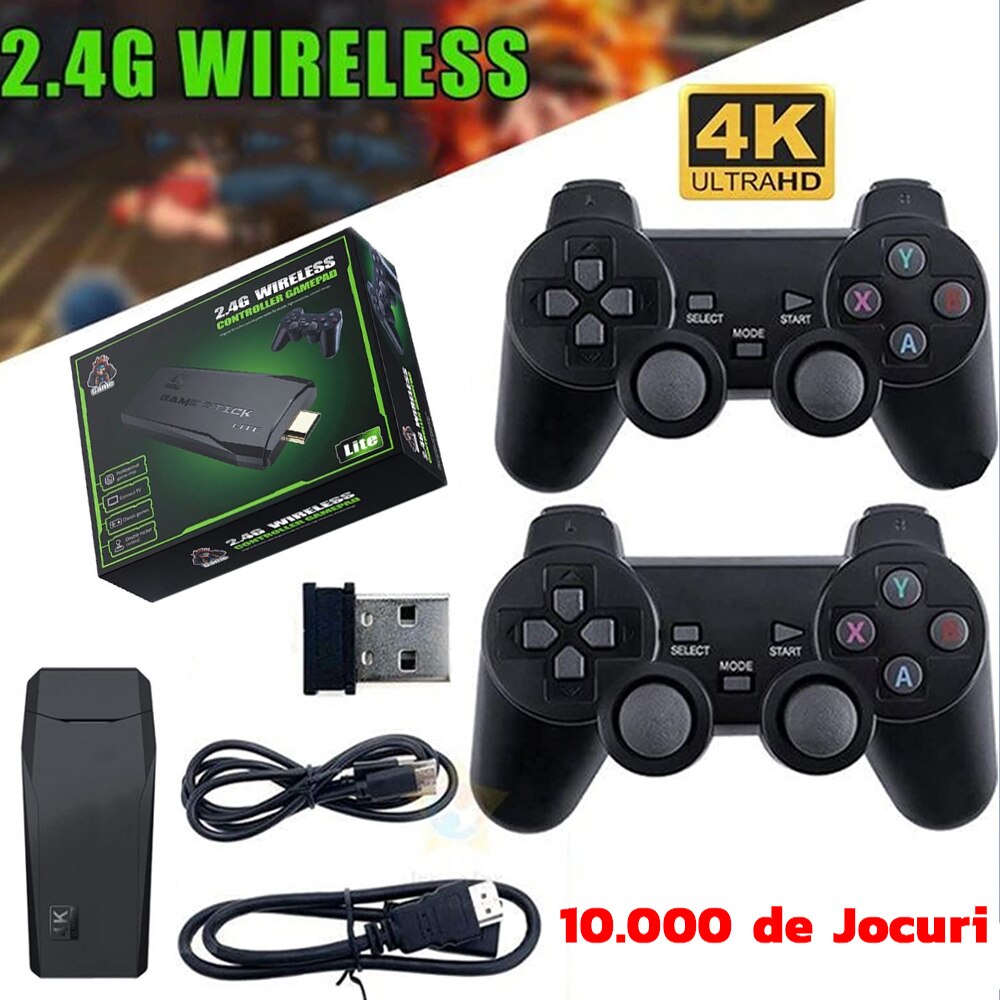 Consola Retro Zenino Tip Stick - 10.000 de Jocuri Video, Compatibila cu 9 Emulatoare, 2xControler Wireless, 4K, USB 2.4 GHz, 32GB, Negru