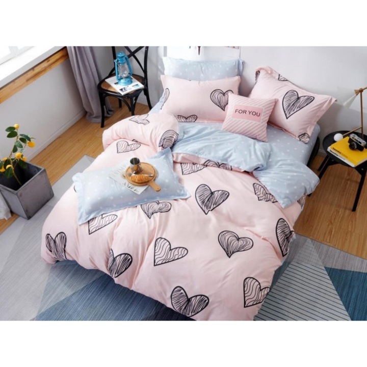 Lenjerie pat dublu, Bumbac Satinat Superior, 4 piese, Pucioasa Elegant, Roz, inimioare