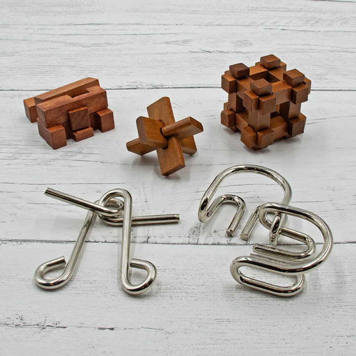 Joc de inteligenta, Professor Pengelly's, Set 5 puzzle-uri, 26 x 16 x 5 cm, lemn/metal