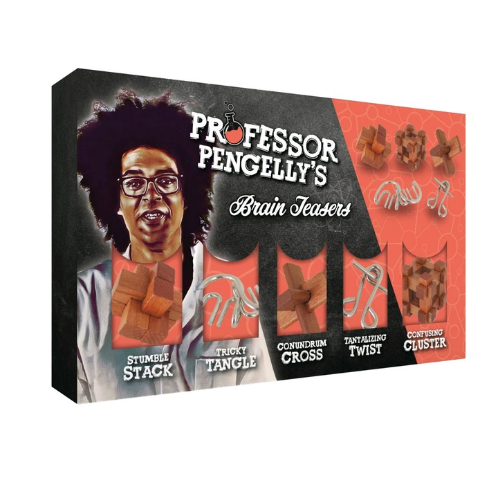 Joc de inteligenta, Professor Pengelly's, Set 5 puzzle-uri, 26 x 16 x 5 cm, lemn/metal