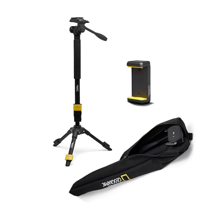 Monopied convertibil in trepied, National Geographic, cu baza, suport smartphone si husa