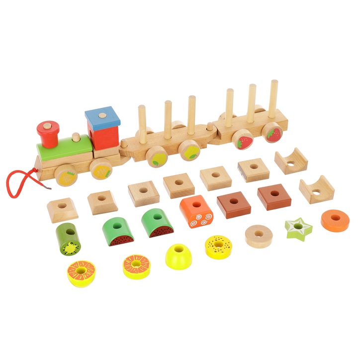 Tren de jucarie cu vagoane, Lemn, Multicolor, 30 buc
