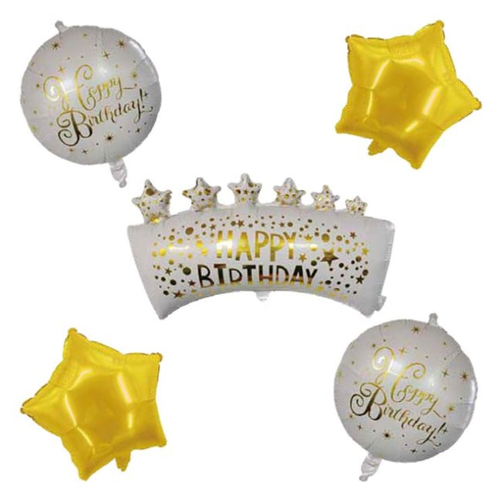 Комплект от 5 балона с послание Честит рожден ден, златни, бели, във формата на звезда, кръгове