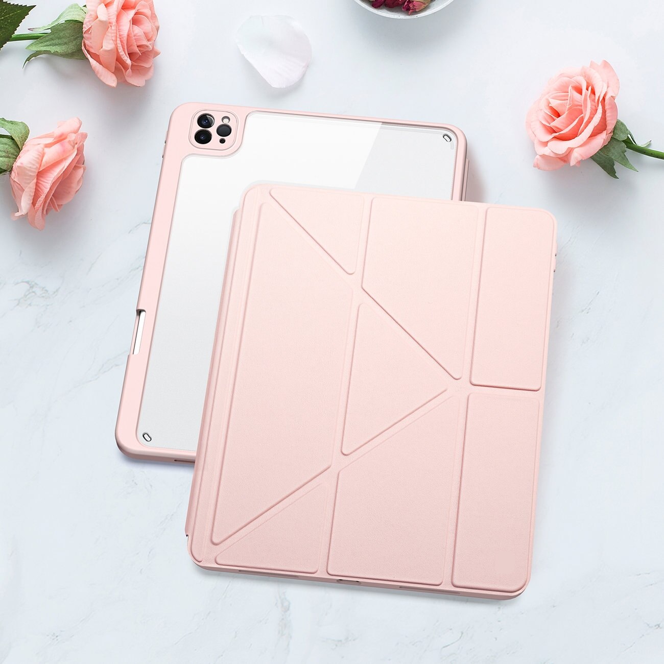 Husa de protectie pentru Apple iPad Pro 12.9" 2018/2020/2021, Smart Flip cover, cu fata detasabila si suport Landscape, Roz, HUR-BBL7095