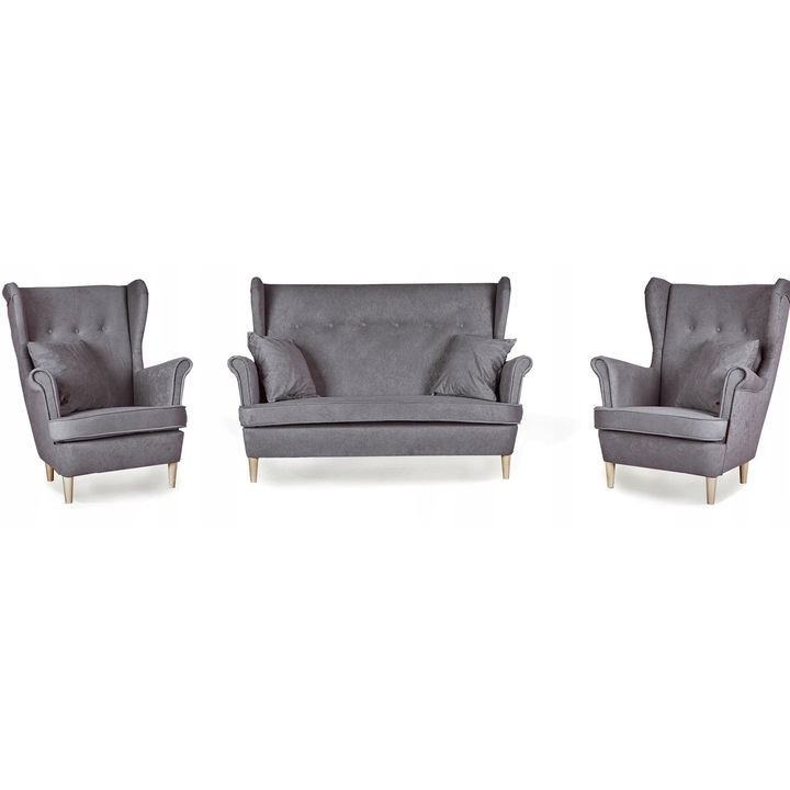 Set canapea si 2 fotolii Ari Family Furniture, Multicolor, Stil scandinav, Velur/Lemn, 149x92 cm