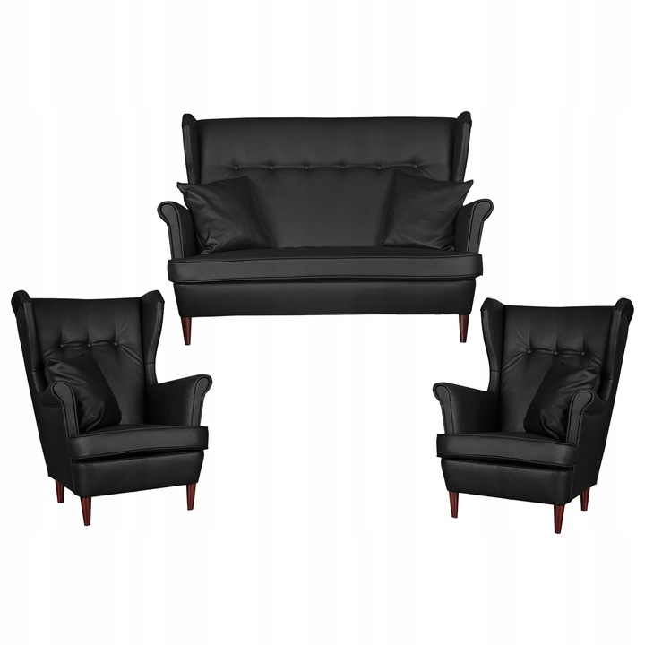 Set canapea si 2 fotolii Ari, Stil scandinav, Velur/Lemn, Negru, 149x92 cm