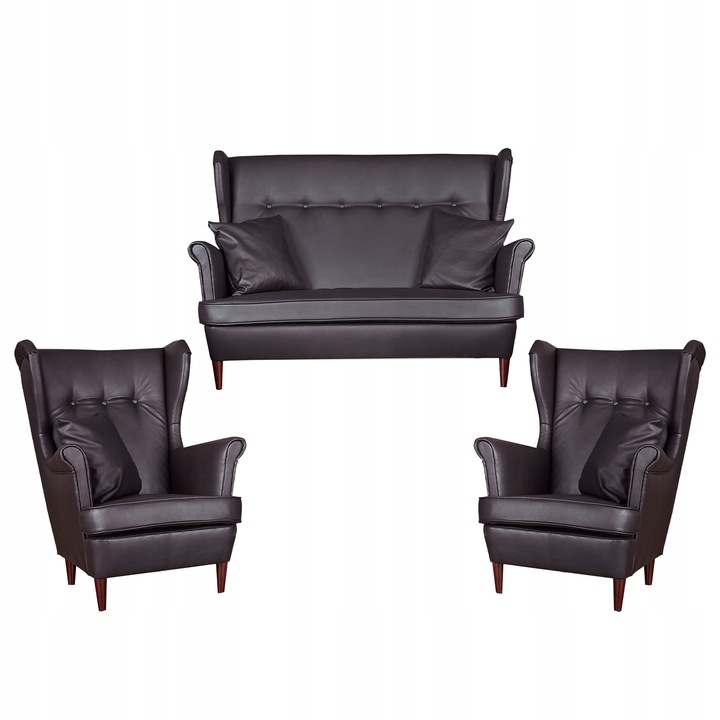 Set canapea si 2 fotolii Ari Family Furniture, Stil scandinav, Velur/Lemn, Maro, 149x92 cm