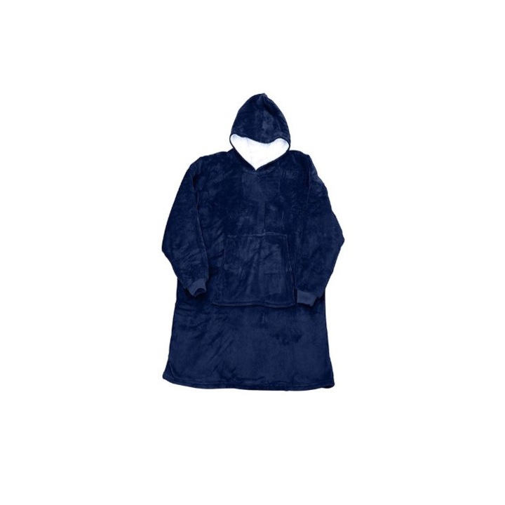 Patura cu maneci si gluga Alainn ®, cu buzunar frontal, captusit, plusat, ultra usor si calduros, poliester, albastru inchis, marime universala