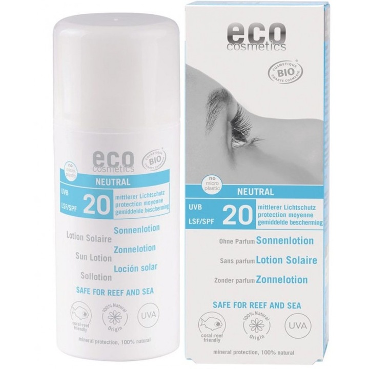 Lotiune protectie solara, Eco Cosmetics, fps 20, pentru ten si corp, fara parfum, 100 ml