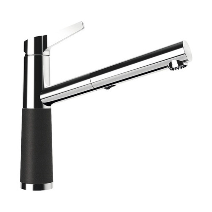 Смесител с изтеглящ се душ за кухня SC-510, 2 вида струя, керамичен патрон, Cristalite Nero
