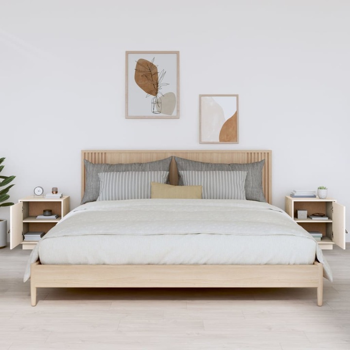 Set noptiere vidaXL, 40x34x45 cm, lemn masiv de pin, 2 piese, alb