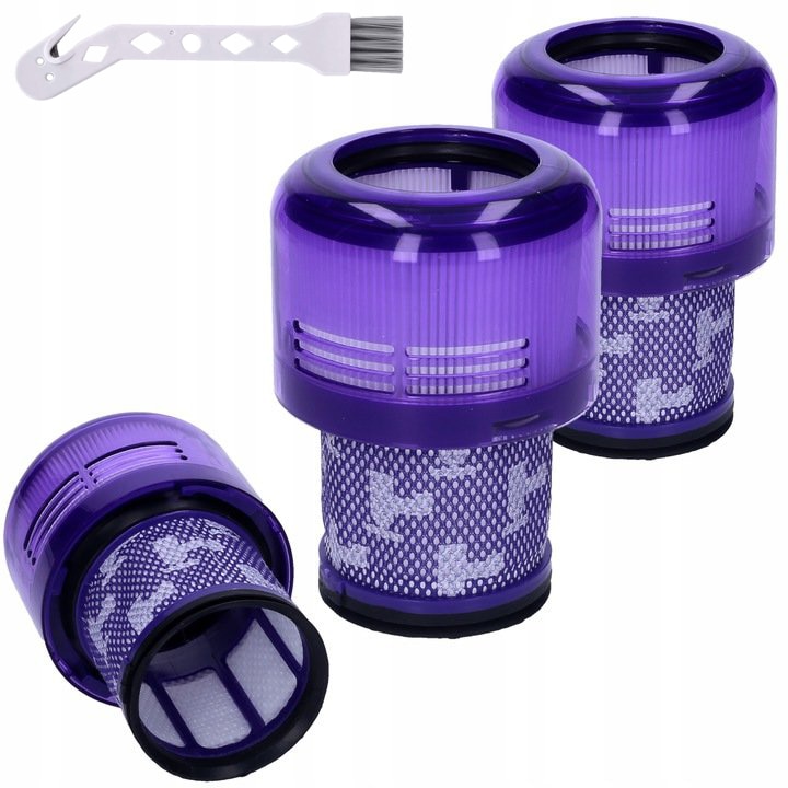 Set 2 filtre lavabile aspirator, Vixen, Pentru Dyson V15 Detect Absolute,  Cu perie curatare, Mov 