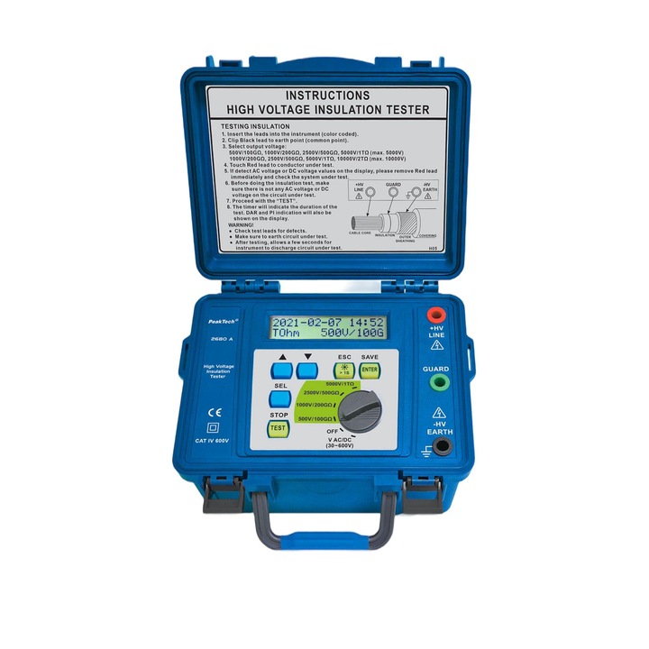 Multimetru digital rezistenta izolatie Peaktech, P2680A, 5000V, 1TΩ, Afisaj LCD, Alb/Albastru