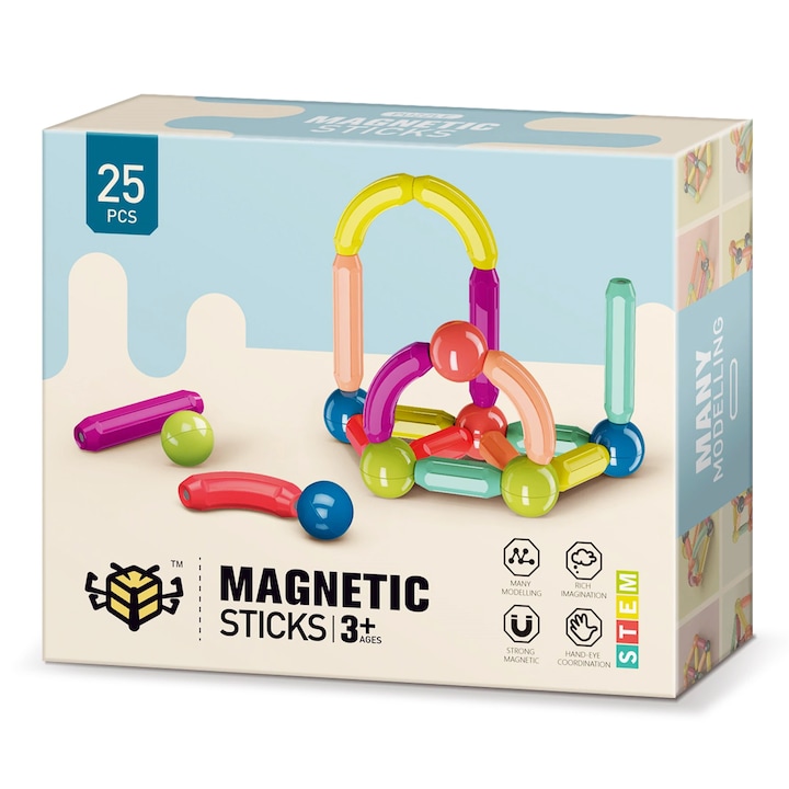 Set de joaca Magnetic 3D pentru constructii, Interactiv si Educational, pentru Copii, 25 piese magnetice, E-Toy®
