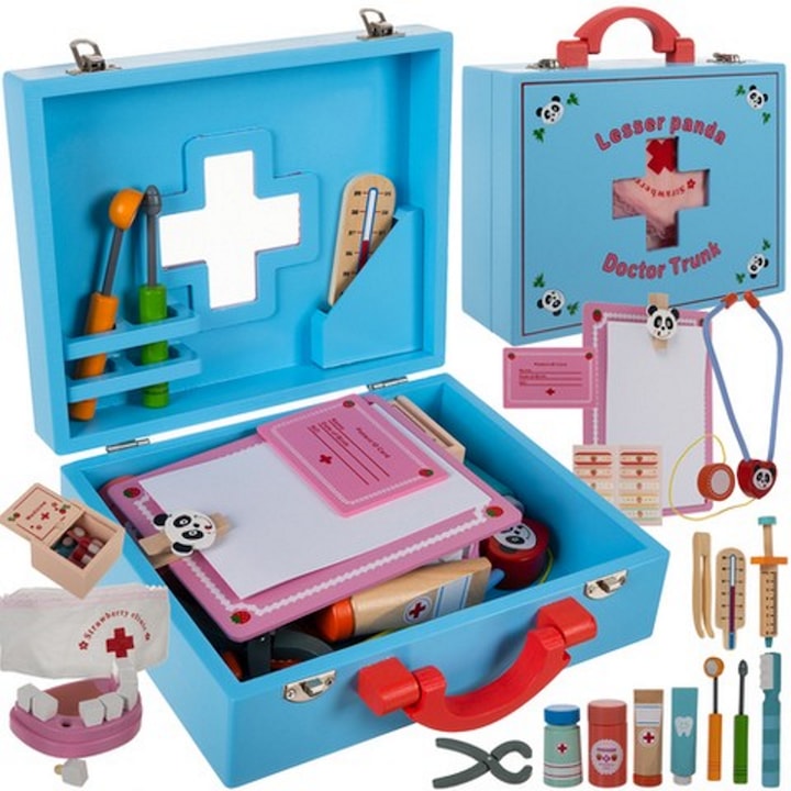 Медицински комплект от дърво Dentist Doctor Panda idealSTORE Включва куфар от естествено дърво, Множество зъболекарски аксесоари, зъболекарска форма, термометър, стетоскоп, огледало, пинсети, клещи, длето, Креативна и забавна игра