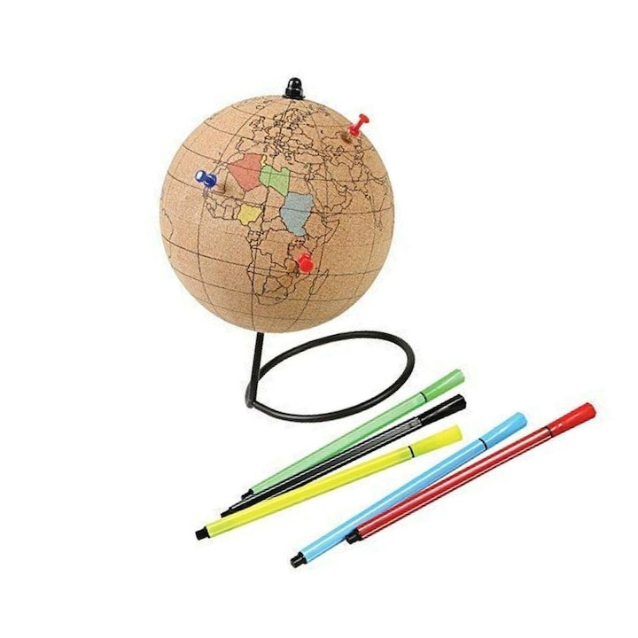 Set Glob de colorat, contine markere si pioneze, Gift Republic, 21 x 14 x 14 cm, pluta/metal