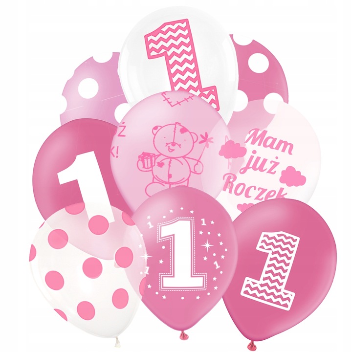 9 db születésnapi lufi készlet, Vixen, Latex, 1 éves, 38 cm, átlátszó/rózsaszín