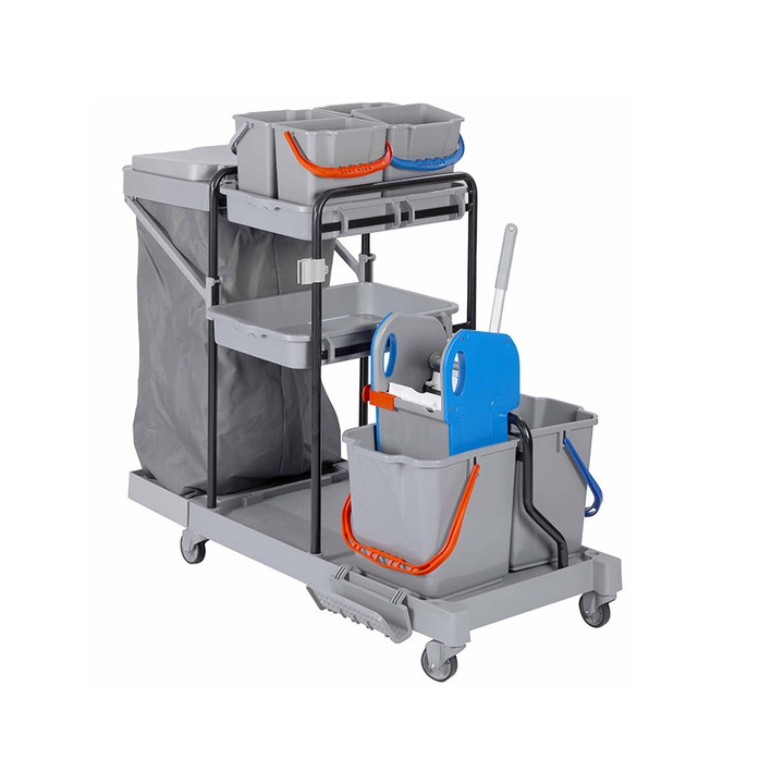 Количка за почистване Bayersan Gonisa 36, 2 кофи, сокоизстисквачка, рафтове и поставка за торбички